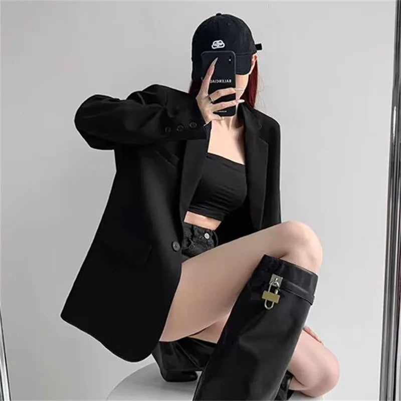 Korean Fashion Black Blazer Women Spring Autumn Coat High-end Loose Casual Long Sleeve Design Suits Chic Blazer Mujer New