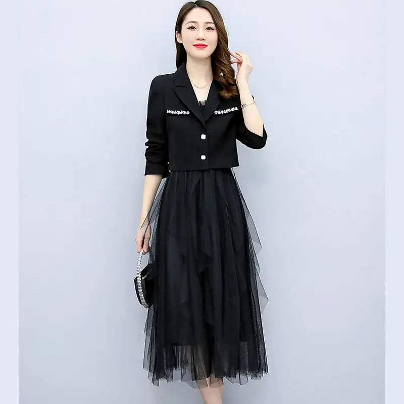 2025 Spring Autumn New Diamond-studded Short Suit Coat Dress Two-piece Women's Elegant Blazers Slim Suspender Mesh Skirt Set