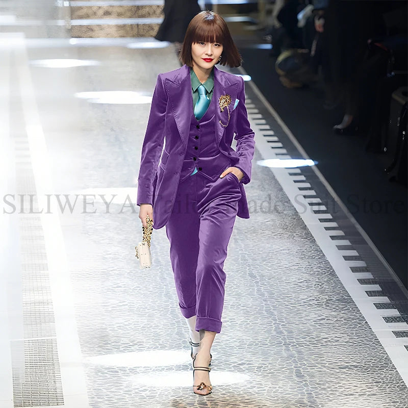 Luxury Green Velvet Winter Clothes for Women 3 Pieces Jacket Pants Vest Female Suits Formal Office Banquet Lady's Blazers Sets