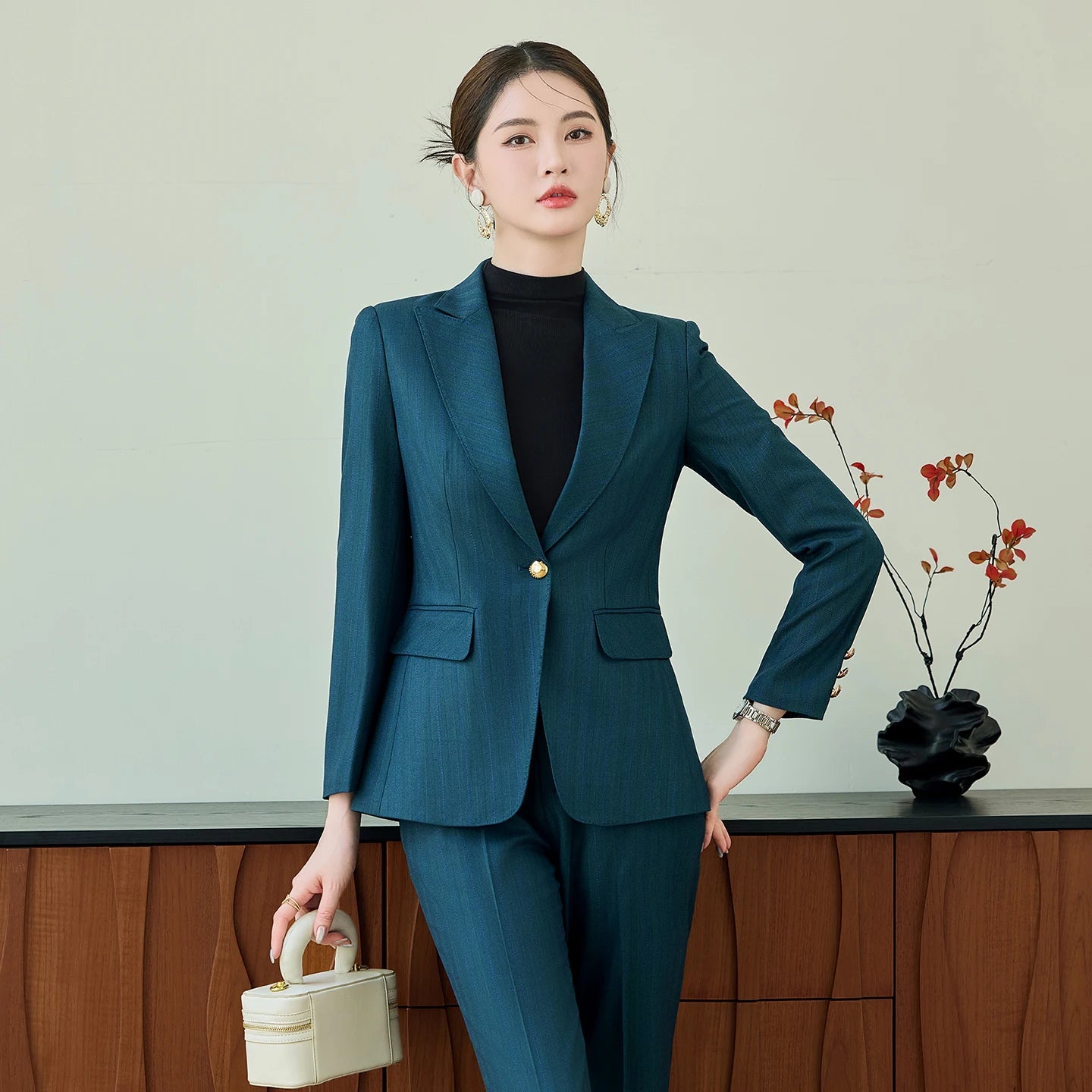 ZJYT Elegant Autumn Woman Blazer Suit Set One Button Striped Long Sleeve Jacket and Pants Two Piece Outfit Plus Size Trousers