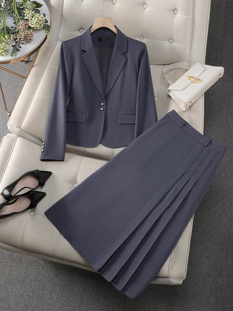 Fashion Women Formal Blazer Skirt Suit Ladies Black Green Black Female Two Piece Set For Spring Autumn Winter