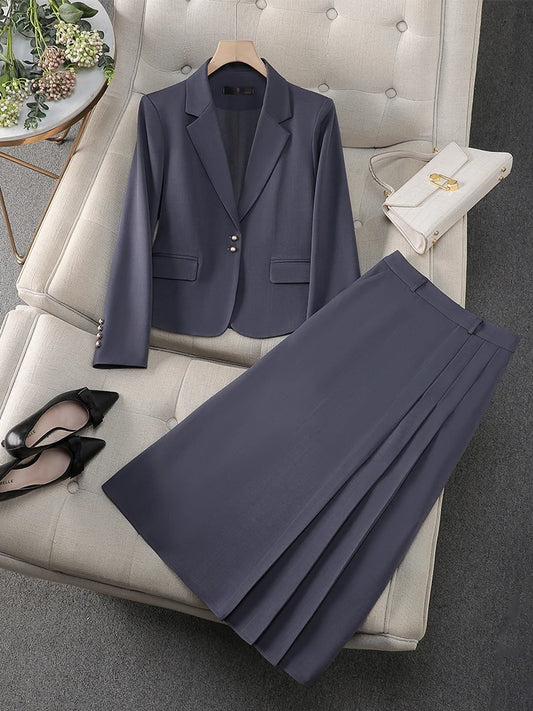 Fashion Women Formal Blazer Skirt Suit Ladies Black Green Black Female Two Piece Set For Spring Autumn Winter