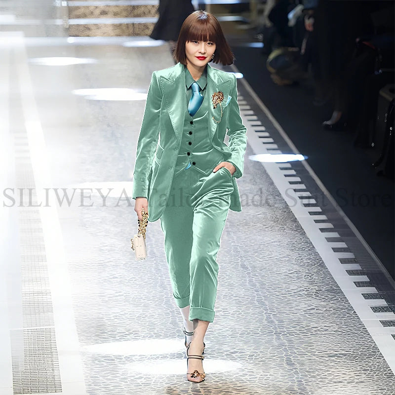 Luxury Green Velvet Winter Clothes for Women 3 Pieces Jacket Pants Vest Female Suits Formal Office Banquet Lady's Blazers Sets