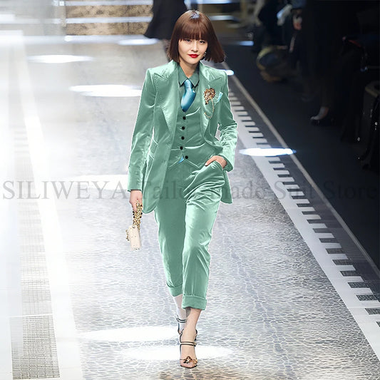 Luxury Green Velvet Winter Clothes for Women 3 Pieces Jacket Pants Vest Female Suits Formal Office Banquet Lady's Blazers Sets