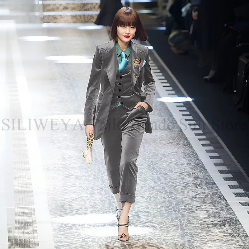 Luxury Green Velvet Winter Clothes for Women 3 Pieces Jacket Pants Vest Female Suits Formal Office Banquet Lady's Blazers Sets