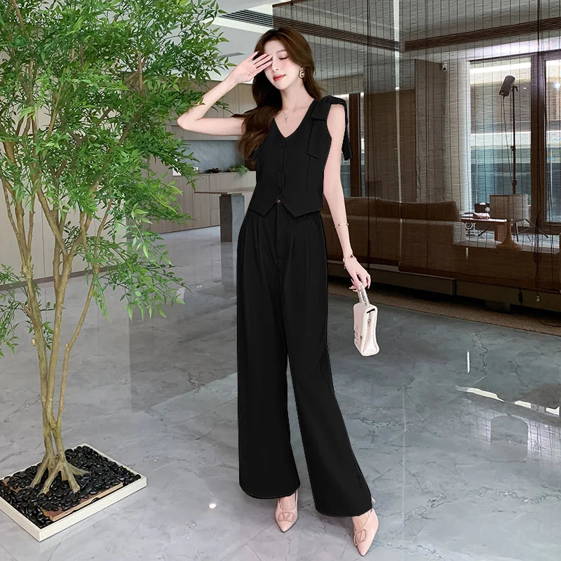 Insozkdg Belt Decorative Sleeveless Bow Tie Tie Vest Casual Wide Leg Pants Two Piece Elegant Women Pant Suit Office Outfits Sets