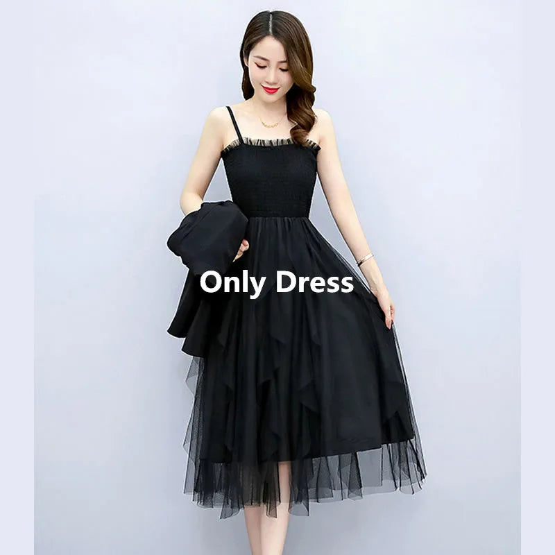 2025 Spring Autumn New Diamond-studded Short Suit Coat Dress Two-piece Women's Elegant Blazers Slim Suspender Mesh Skirt Set