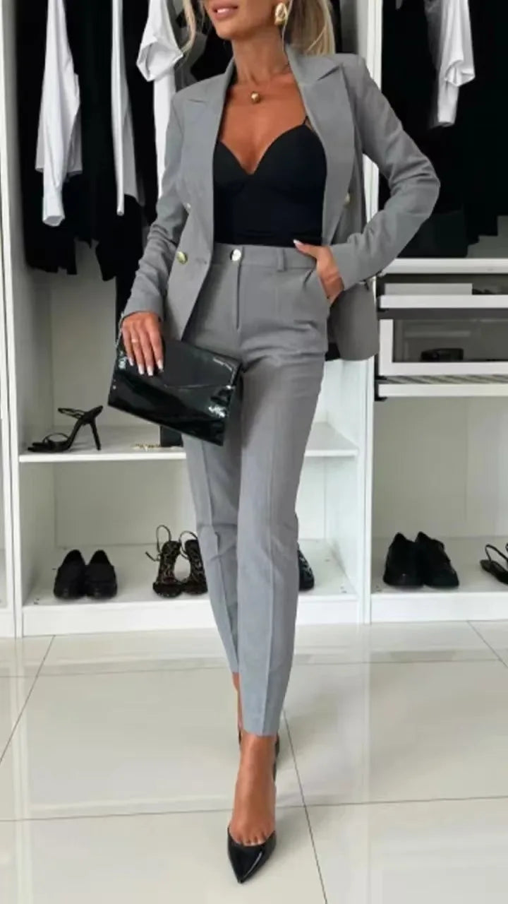 Office 2 Piece Sets Woman Spring Fall Fashion V-neck Long Sleeve Blazer Coat Elegant Trousers Set Slim Temperament Suit Outfit
