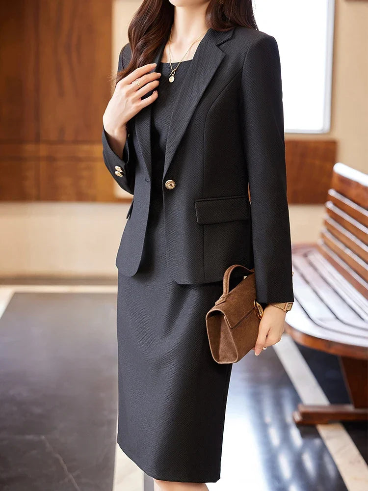 High Quality Autumn Office Skirt Suit Blazer Black Purple Green Women Business Work Wear Formal Two Piece Set JJ1029