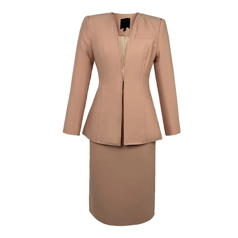 Spring Autumn 2 Piece Outfit Suits Women Professional Formal Commute Pink Tops Coat Blazer Suit High Waist Midi Skirt Pencil Set