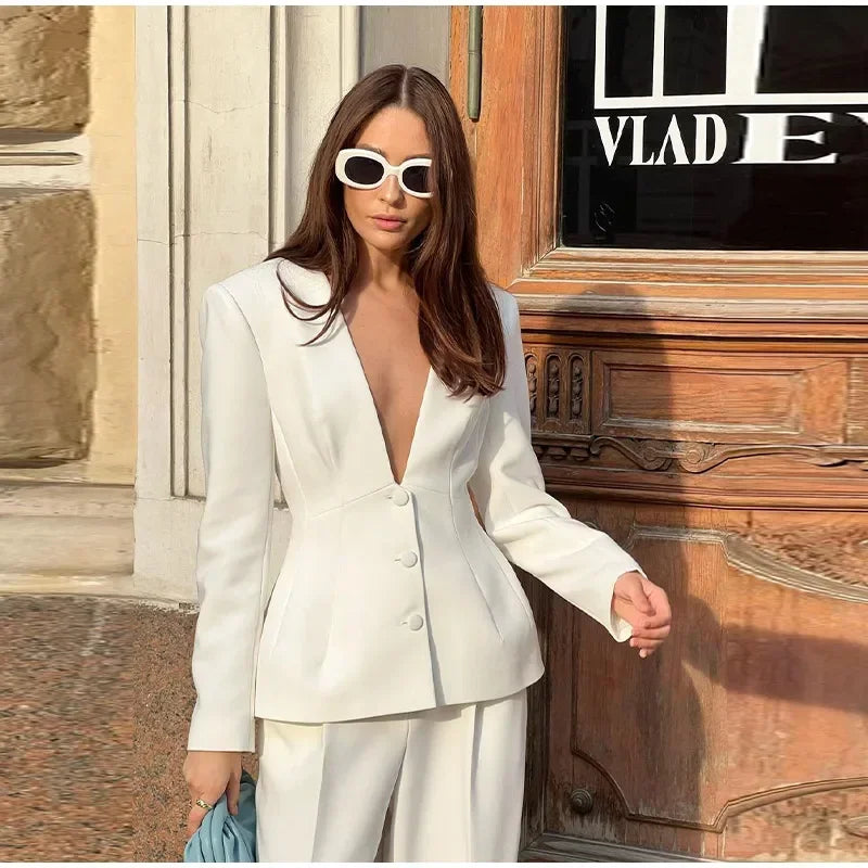 Women White 2 Pieces Set Deep V-neck Single Breasted Blazer Coat High Waist Pants Female Chic 2025 Spring Office Lady Outfits