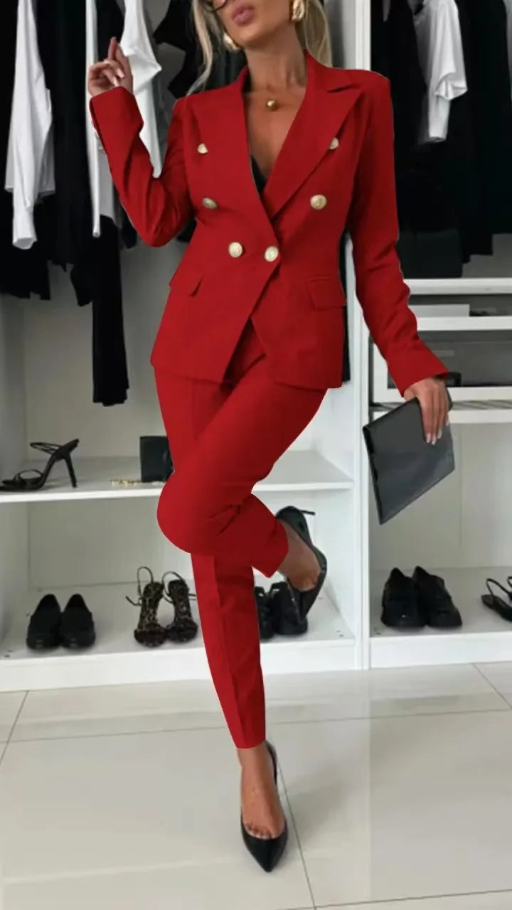 Office 2 Piece Sets Woman Spring Fall Fashion V-neck Long Sleeve Blazer Coat Elegant Trousers Set Slim Temperament Suit Outfit