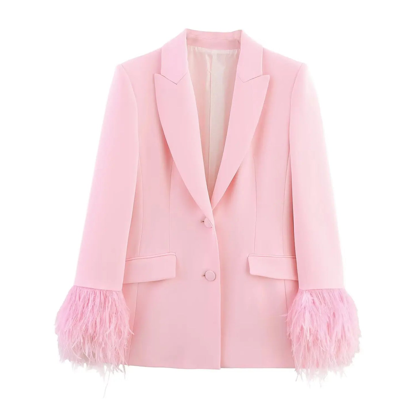 TRAFZA Women Fashion Pink Sets Turn-Down Collar Long Sleeves Single-Breasted Feather Blazer+High Waist Pocket Zipper Long Pants