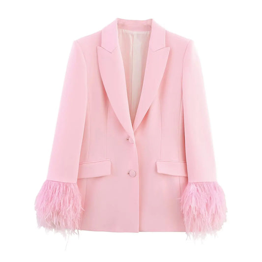 TRAFZA Women Fashion Pink Sets Turn-Down Collar Long Sleeves Single-Breasted Feather Blazer+High Waist Pocket Zipper Long Pants