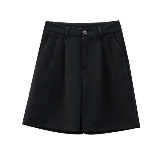 ReddaChic Solid Black Suit Shorts with Pockets Summer Work Casual High Waisted Pleated A Line Wide Leg Dress Pants Women Bottoms