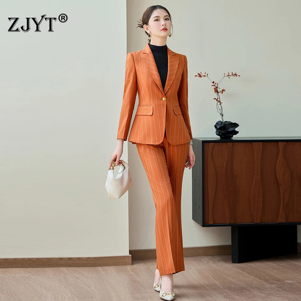 ZJYT Elegant Autumn Woman Blazer Suit Set One Button Striped Long Sleeve Jacket and Pants Two Piece Outfit Plus Size Trousers