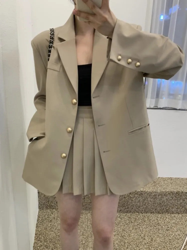 Fashion Women Vintage Chic Blazer Two Pieces Set Casual Loose Jackets Coat Mini Skirts Suit Female Elegant Korean Formal Outfit