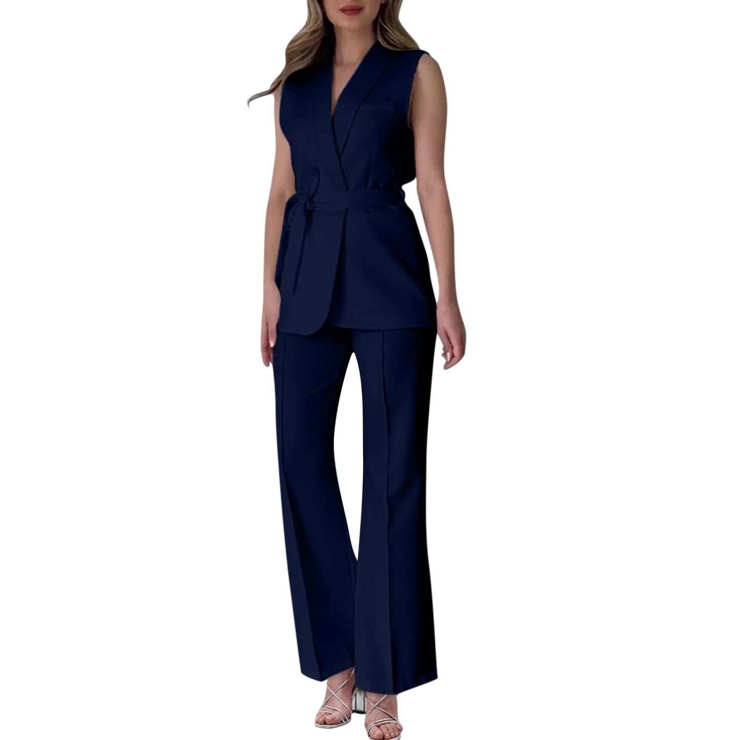 Chic Two-Piece Women's Set Button-Detail Vest with Lapel Neck & Tailored Trousers Versatile Outfit for Work and Sophisticated