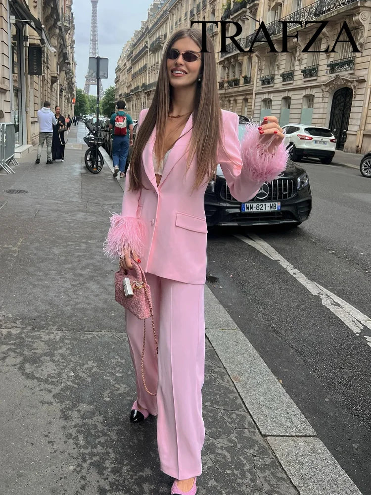 TRAFZA Women Fashion Pink Sets Turn-Down Collar Long Sleeves Single-Breasted Feather Blazer+High Waist Pocket Zipper Long Pants