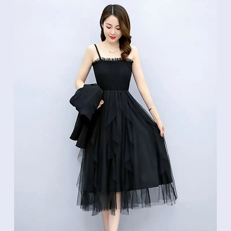 2025 Spring Autumn New Diamond-studded Short Suit Coat Dress Two-piece Women's Elegant Blazers Slim Suspender Mesh Skirt Set