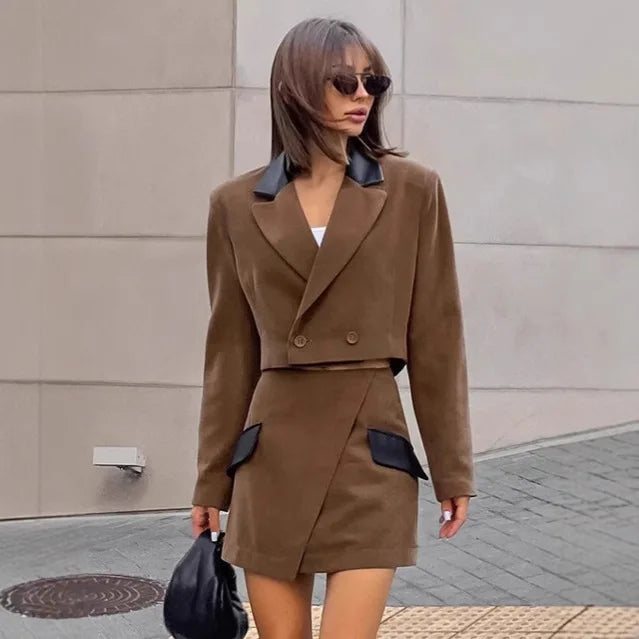 Fashion Solid Women's Two Piece Suit Turn-down Collar Full Sleeve Top A-line Hip Package Short Skirt 2025 Lady Commute Outfit