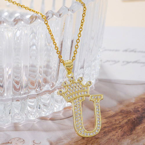 1PCS Fashionable Gold Diamond Crown Uppercase Letter Popular Pendant