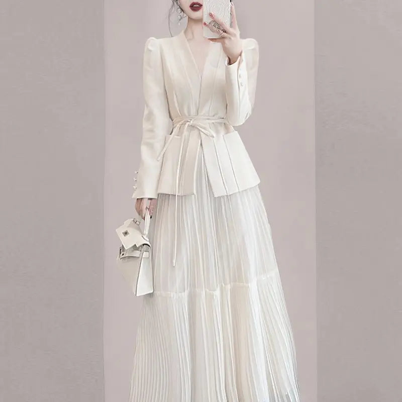 Korean Style Lace Up Jacket Blazer Ruffled Ruffle Skirt Two Piece Elegant Women's Dress Set Office Outfits